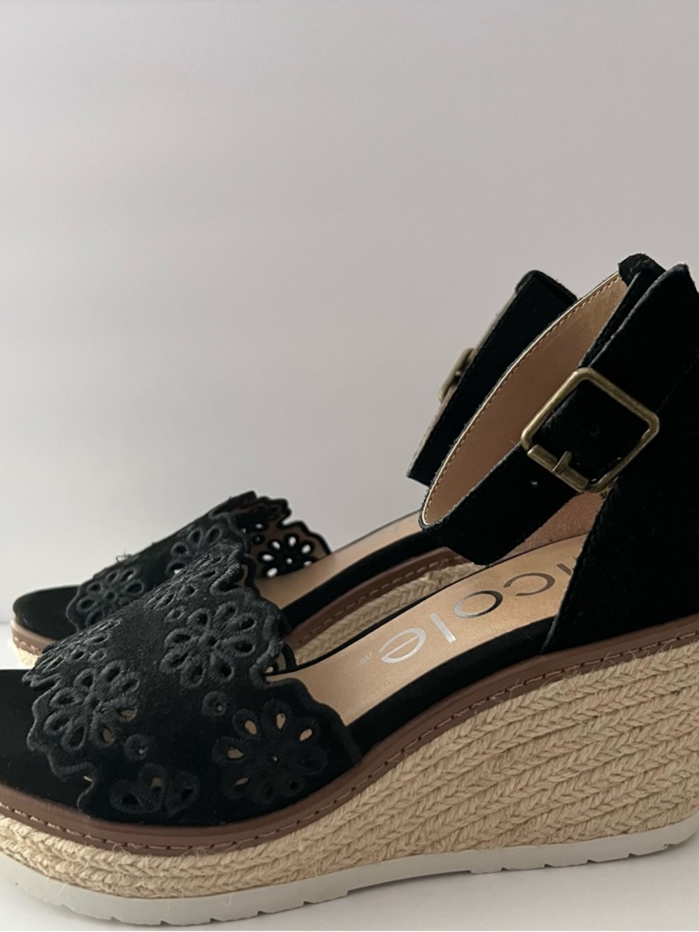 Nicole Black Suede Floral Laser-Cut Espadrille Wedge Sandals